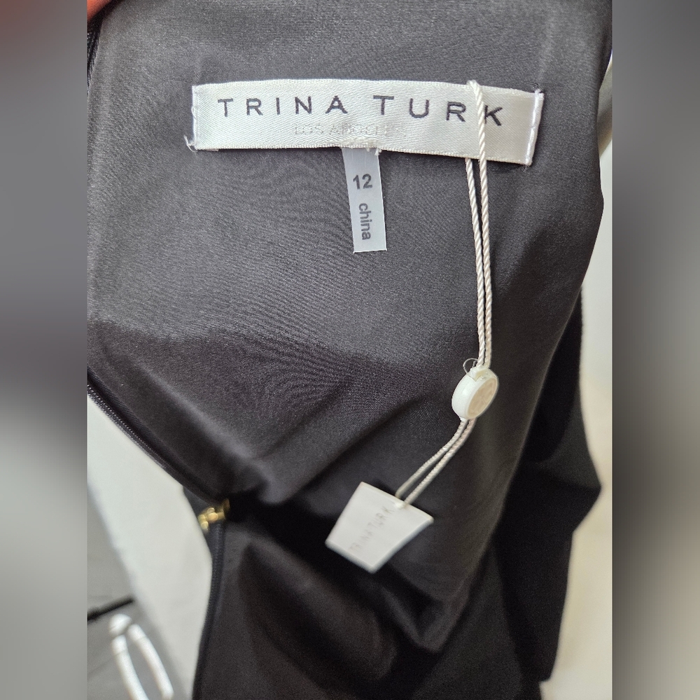 Trina Turk Size 12 Elegant Black Midi Dress with Textured Sleeves - Picture 7 of 9